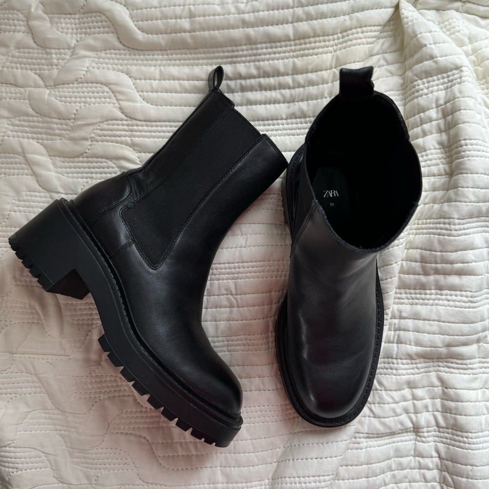 Zara Black Leather Lug Sole Boots